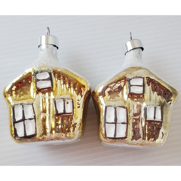 2 Vintage Glass Cabin Cottage House Christmas Ornaments Bradford Novelty Snowcap - Picture 4 of 7